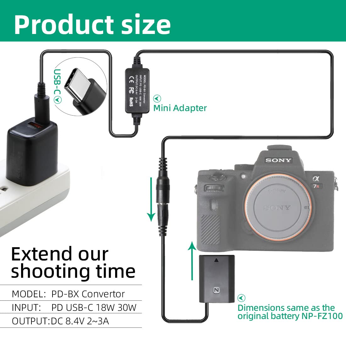 RONFEN NP-FZ100 Dummy Battery DC Coupler USB-C Cable PD Adapter Kit Replace AC-FZ100 AC Power Adapter for Cameras Sony Alpha 9 A9 II A9R A9S A7 III A7R III A7S III A6600 A7IV A7 IV A7R IV A7C A1 FX3