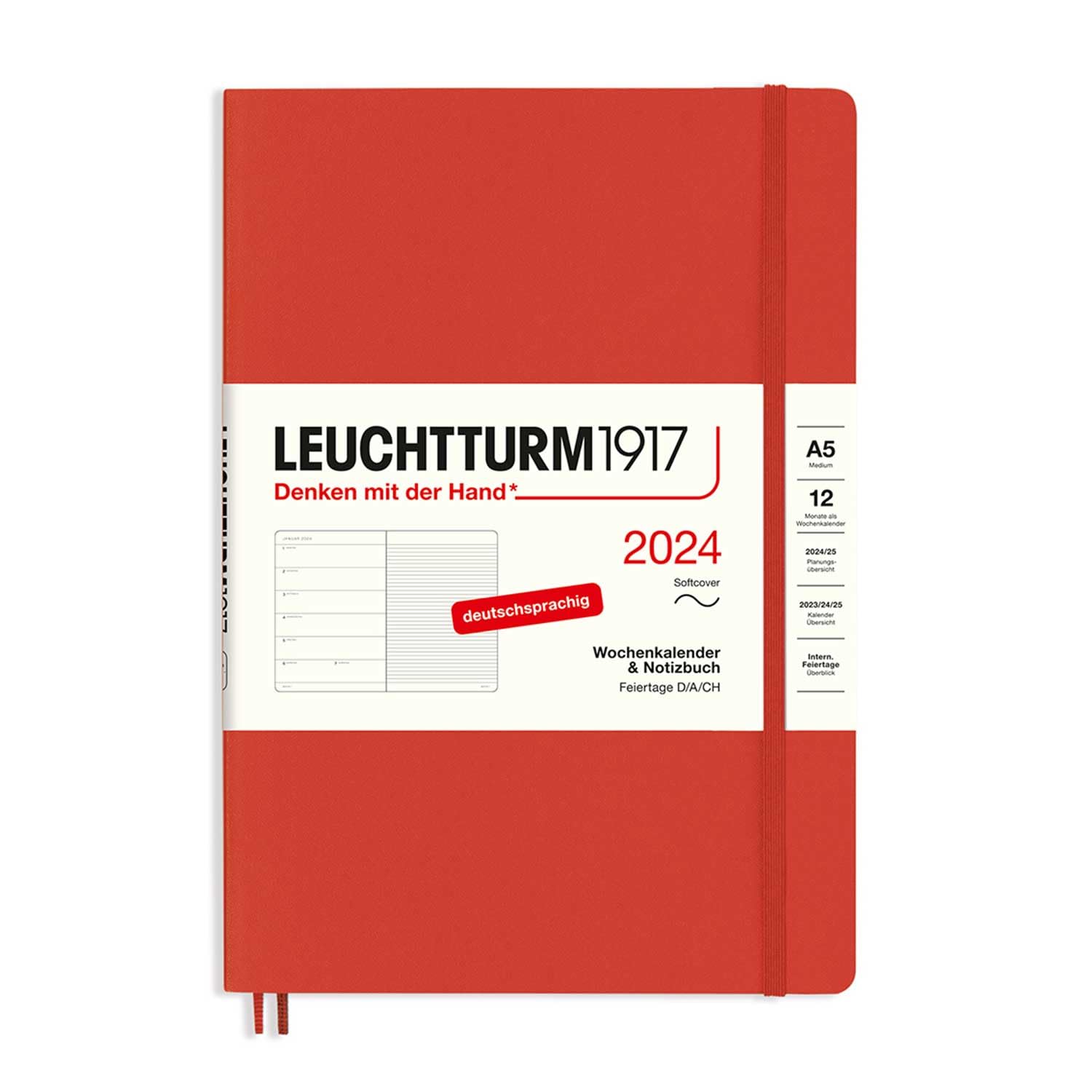 LEUCHTTURM1917 367767 Weekly Calendar & Notebook Medium (A5) 2024, Soft Cover, Fox Red, German, 12 Months