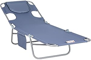Outsunny Folding Beach Lounge Chair with Face Hole and Arm Slots, 5-Level Adjustable Sun Lounger Tanning Chair with Pillow for Patio, Garden, Beach, Pool, Gray