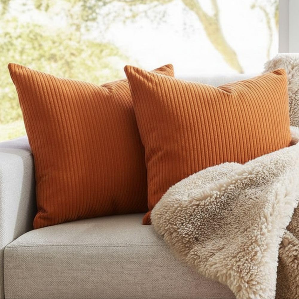 Seechoo Corduroy Cushion Covers, Set of 2, 45 x 45 cm, Striped, with Invisible Zipper, 18 x 18 Inch (Burnt Orange)