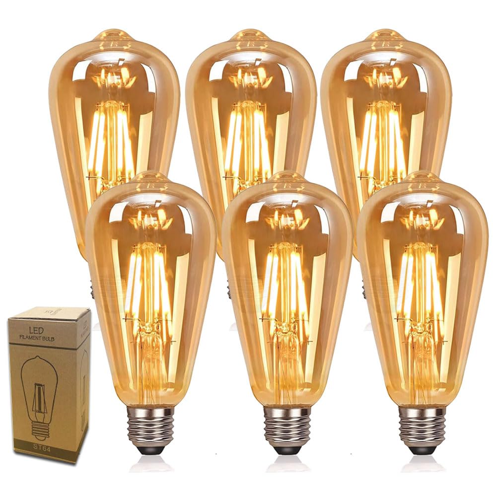 E27 Decorative LED Filament Edison Screw Bulbs, 4W Energy Saving 2200K Warm White ST64 Vintage LED Light Bulbs Amber Glass E27 Squirrel Cage Retro Edison Bulbs, 40W Equivalent, Non Dimmable, 6Pack