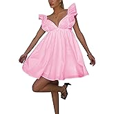 Zebaexf Womens Spring Summer V Neck Knot Back Causal Strap Short Flowy Swing Mini Dress