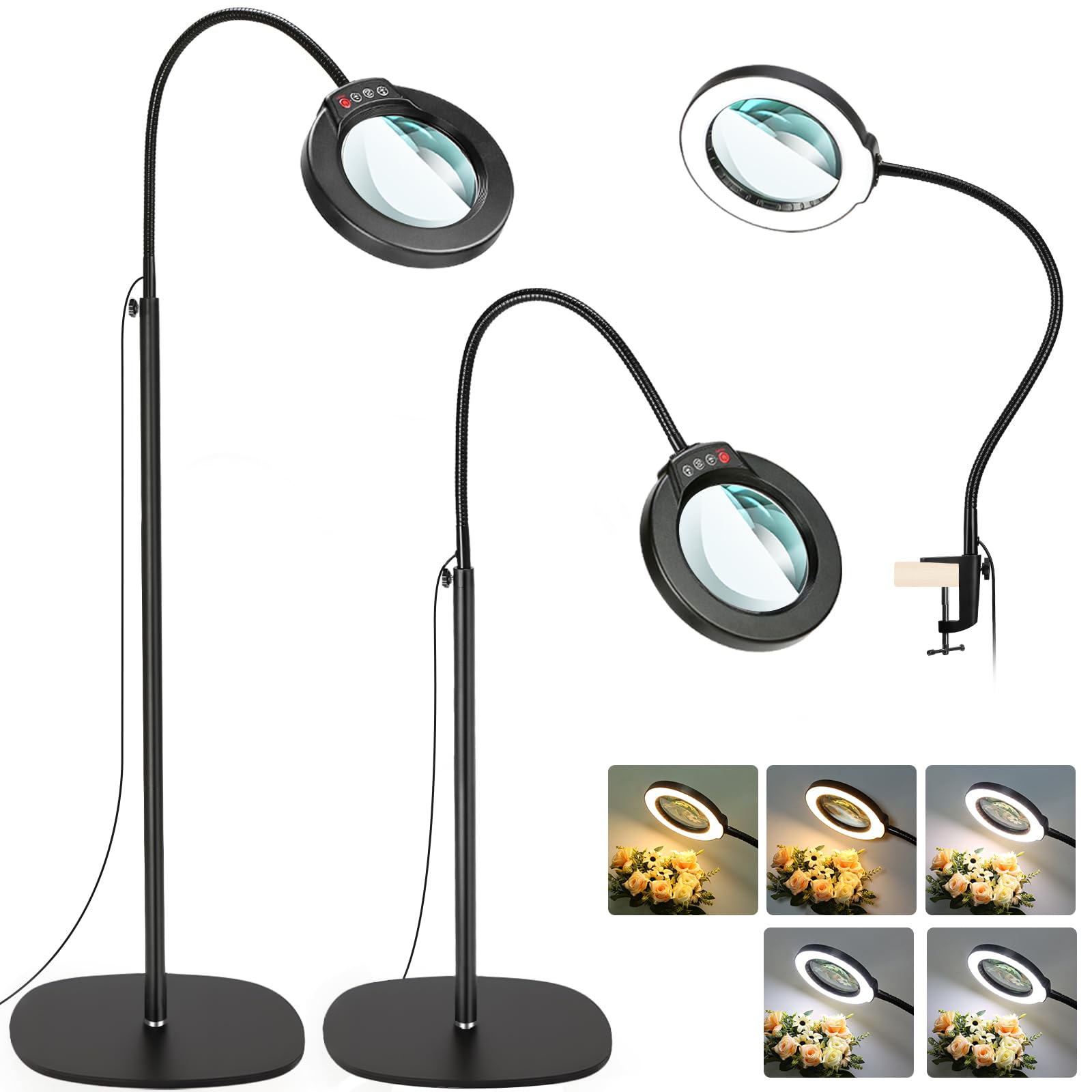 Photo 1 of 10X Magnifying Glass with Light and Stand, 24" Flexible Gooseneck 3-in-1 LED Floor Lamp, Optical-Grade Real Glass Lens, 5 Color Modes Stepless Dimmable, Lighted Magnifier Hands Free for Close Work