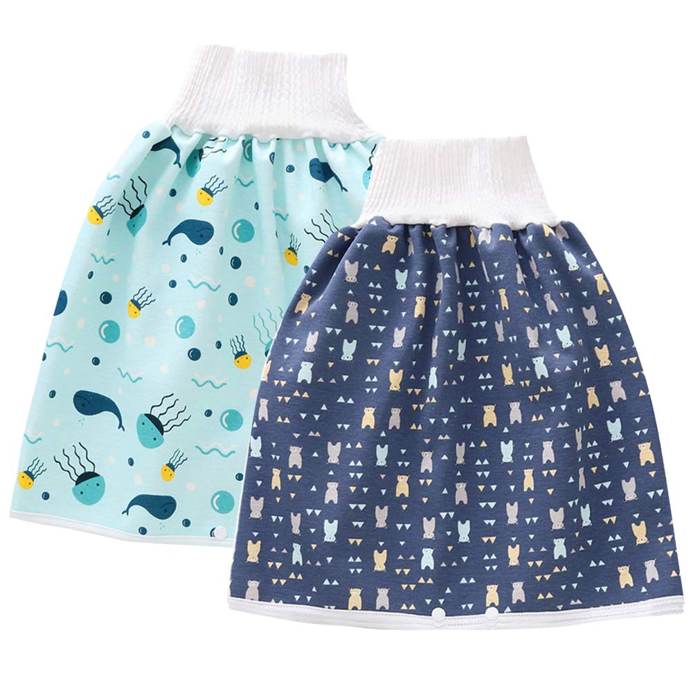 Eastern Corridor-EU 2 Pack Baby Diaper Skirt,Washable Waterproof Toddler Potty Training Skirt Cotton Toilet Training Nappy Skirt for Baby Boys Girls Blue Dark Blue 4-12T