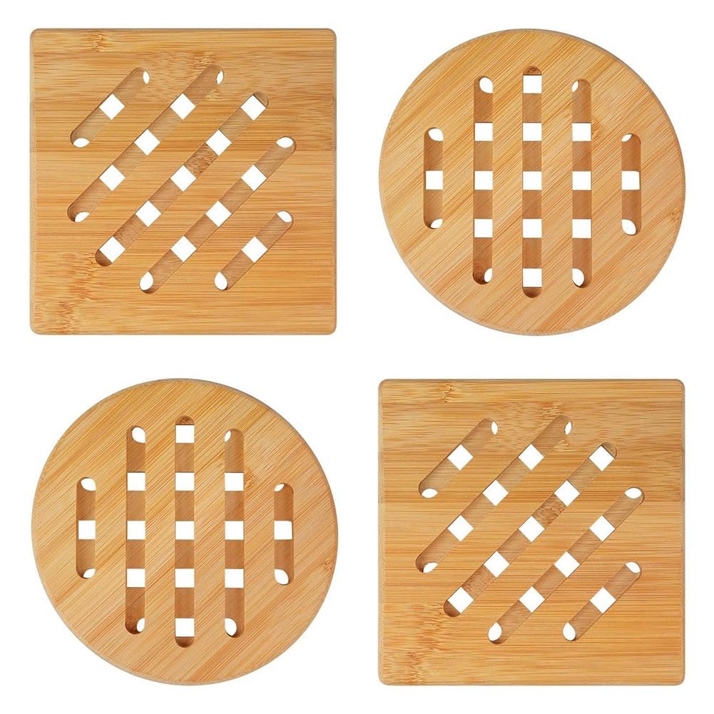 Gokoti Bamboo Pot Coasters,Heat- Bamboo Place Mats, Square and Round Pot Coasters Made of Wood, for Plates