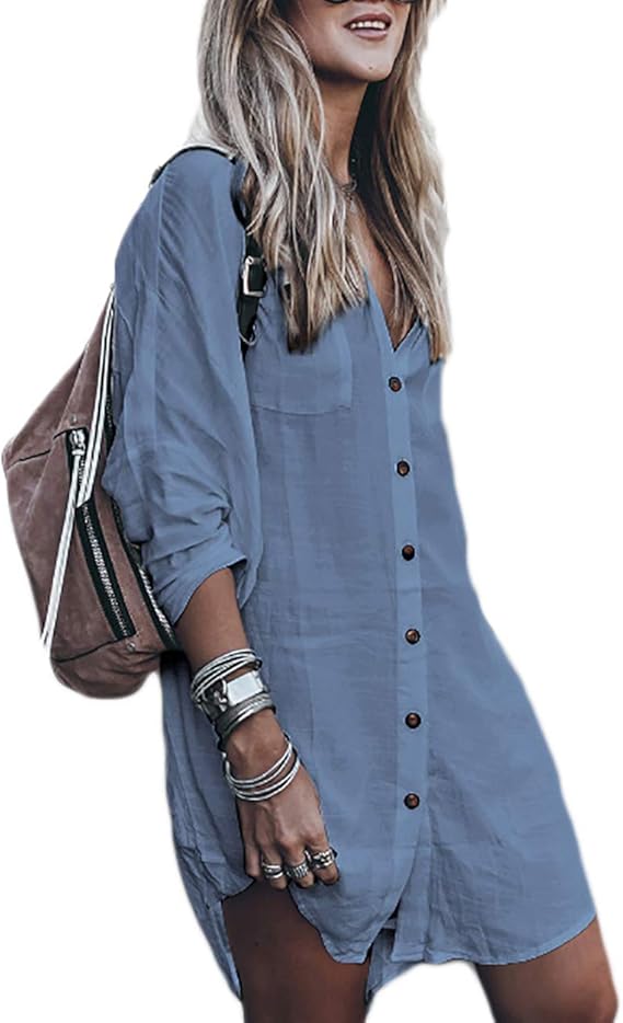 Bsubseach Long Sleeve Swimsuit Cover Up For Women Loose Button Down Swimwear Beach Shirt Tunic Dress Blue At Amazon Women S Clothing Store