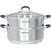SUNHOUSE - 5.5 Quart Steamer Pots With Lid 2-Tier Multipurpose Stainless Steel Steaming Pot Cookware With Handle For Vegetable, Dumpling, Sauce, Food - Triple Bottom, Measurement Line