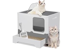 NAFENAI Grey Foldable Cat Litter Box with Lid, Extra Large Front Entry Top Exit, Drawer Type Enclosed Kitty Litter Box with Litter Scoop, Anti-Splashing Toilet Easy Cleaning