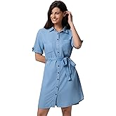 FASHIONSPARK Women's Denim Tie Waist Dress Button Down Short Sleeve Dresses Solid Casual Jean Pocket Dresses