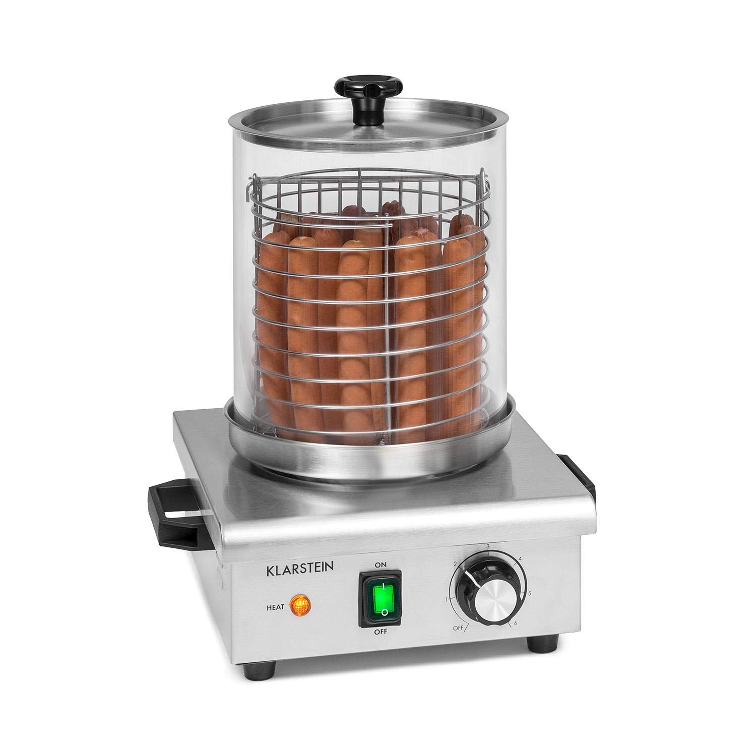 Klarstein Pro Wurstfabrik 450 - Profi Hot Dog Maker, 450 Watt, 30-100 °C, Glass Cylinder: Ø 20 cm, Divisible Stainless Steel cage: Ø 17 cm / 5 litres, Stainless Steel, Water Tank: 1.1 litres, Silver