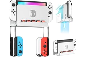 Wiilkac Wall Mount Bracket for Switch and Switch OLED, Wall Mount for Switch with 5 Game Cards Slots and 4 Joy Con Hooks, Easy to Install, Save Space, Quick Heat Dissipation (White)