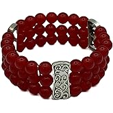 Natural Ruby Gemstone Round and Silver 3 Strand Beaded Stretch Bracelet