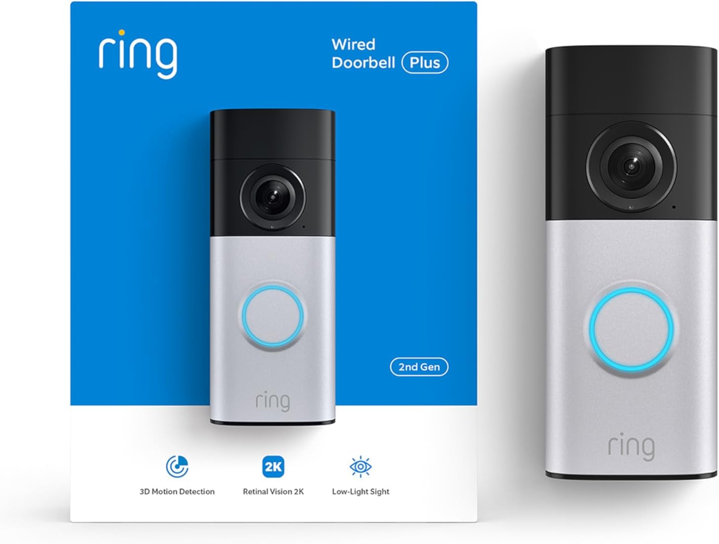 Ring Wired Doorbell Plus (newest model), Home or business security, Retinal 2K with wide-angle video, 4x Enhanced Zoom, and Low-Light Sight, Nickel Silver