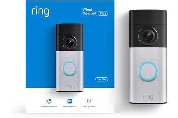 Ring Wired Doorbell Plus (newest model), Home or business security, Retinal 2K with wide-angle video, 4x Enhanced Zoom, and Low-Light Sight, Nickel Silver