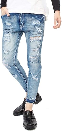 Amazon スキニーパンツ メンズ カットオフ ストレッチ クラッシュ ダメージ加工 スリムフィット ジーンズ 9分丈 アンクルパンツ ジーンズ 通販