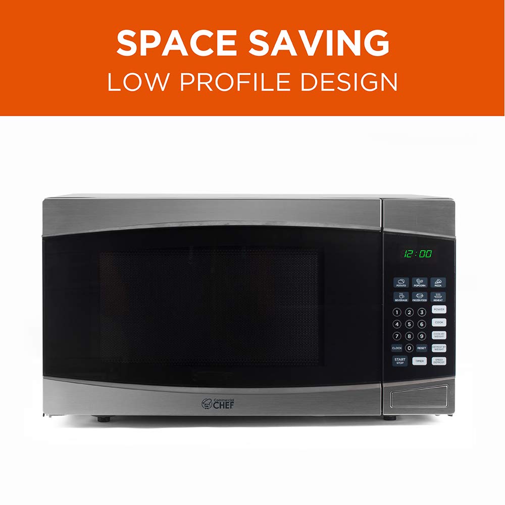COMMERCIAL CHEF 1.6 Cubic Foot Microwave with 10 Power Levels, Small Microwave with Push Button, 1000 Watt Microwave with Digital Control Panels, Countertop Microwave with Timer, Stainless Steel