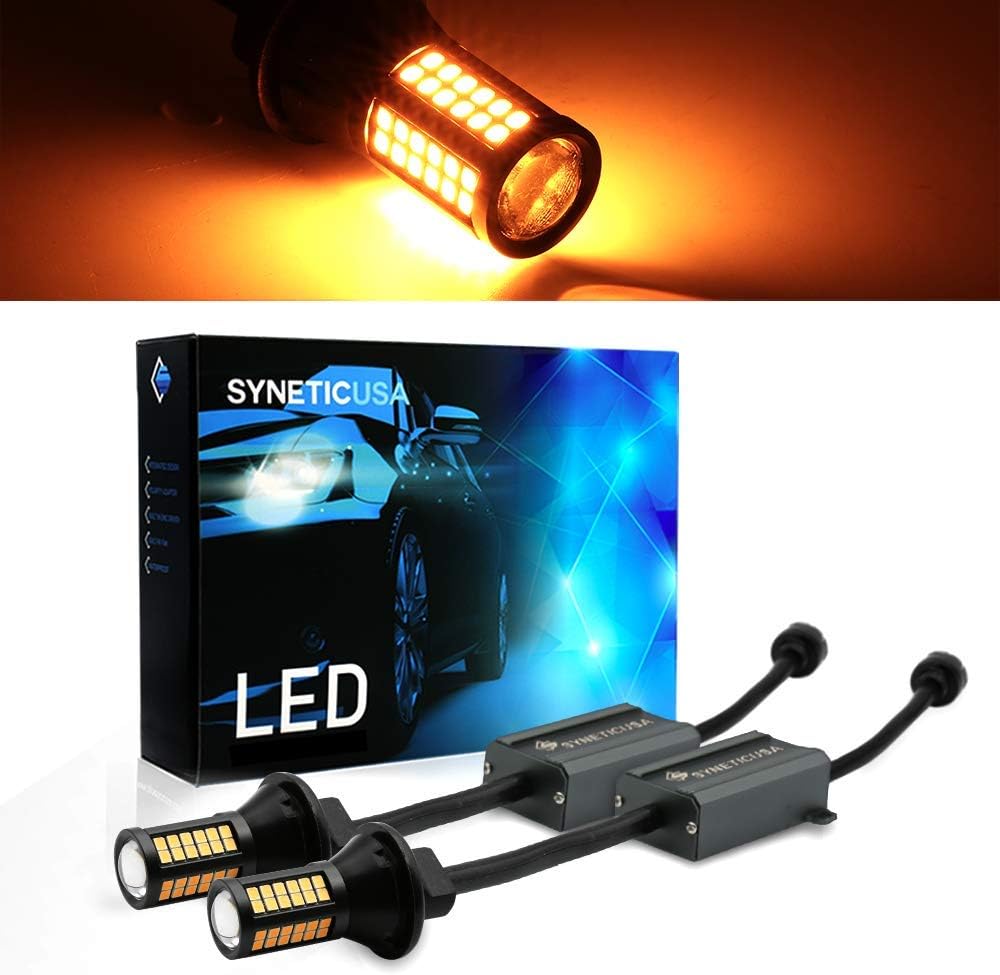 Syneticusa 7443 Error Free Canbus Ready Yellow/Amber LED Front/Rear Turn Signal Light Bulbs DRL Parking Lamp No Hyper Flash All in One With Built-In Resistors