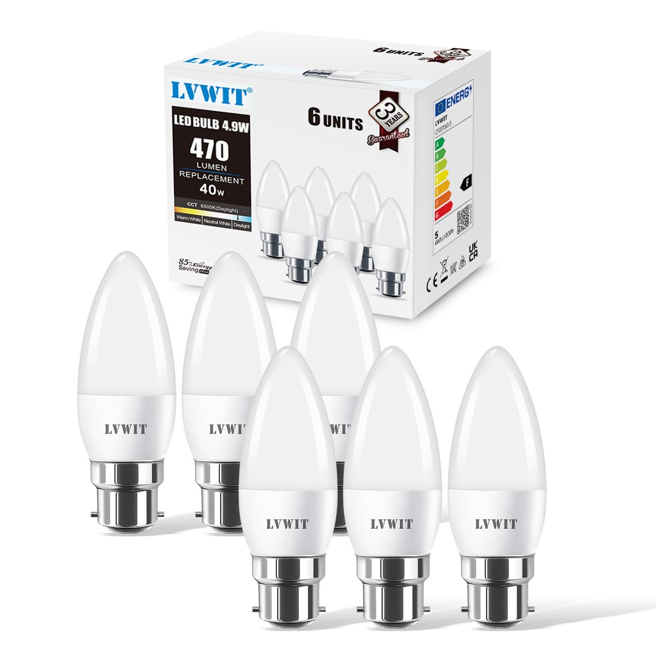 LVWIT B22 LED Candle Bayonet Bulbs,4.9W B22 Bayonet Candle Bulbs, 40W Bulb Equivalent,6500K Cool White Bayonet Candle Cap, 470Lm, 200 Degree Beam Angle,220-240V,Non-Dimmable (Pack of 6) — image 1