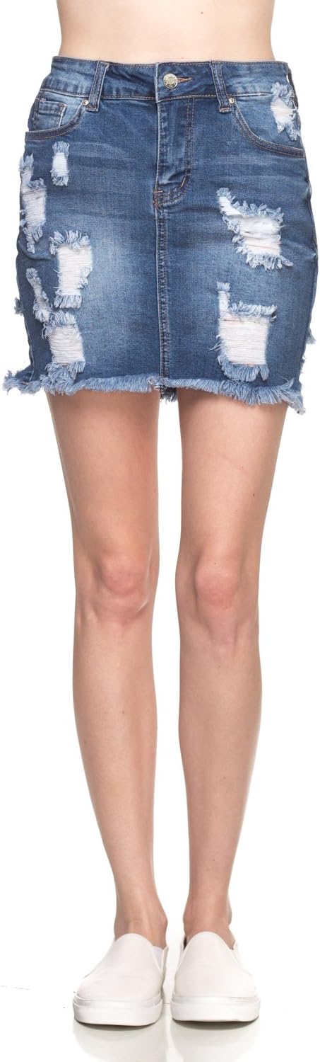 Calilogo Women's Junior Denim Jean Distress Mini Skirt