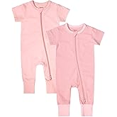Teach Leanbh Baby Boys Girls 2-Pack Romper Jumpsuits Cotton 2 Way Zipper Short Sleeve Footless Sleep and Play 3-24 Months