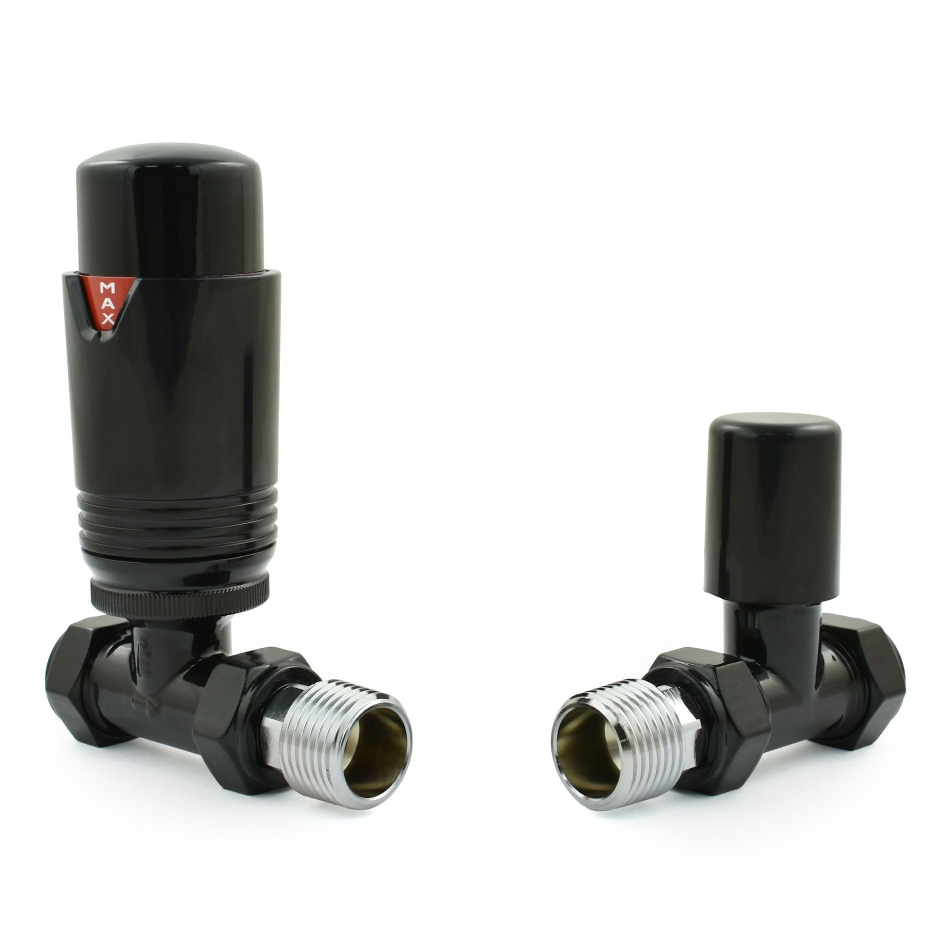 Hot Flow Full Black Estuary Straight TRV Thermostatic Radiator Valve (Pair) Includes Straight TRV Body, Wheel Head & Lock Shield for Quick & Easy Temperature Control. Perfect for Energy Saving.