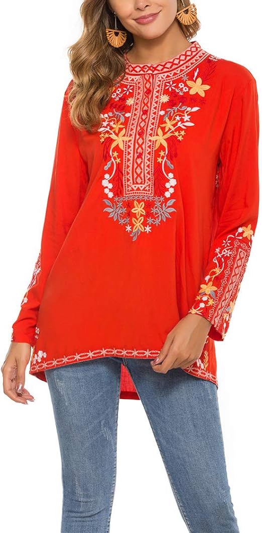 AK Women's Mexican Boho Embroidered Tops Long Sleeve Peasant Casual ...