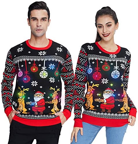 Unisex Ugly Christmas Sweater Men Women Xmas Jumpers with Lights Funny Pullover Sweatshirt Knitwear Tops S-XXL