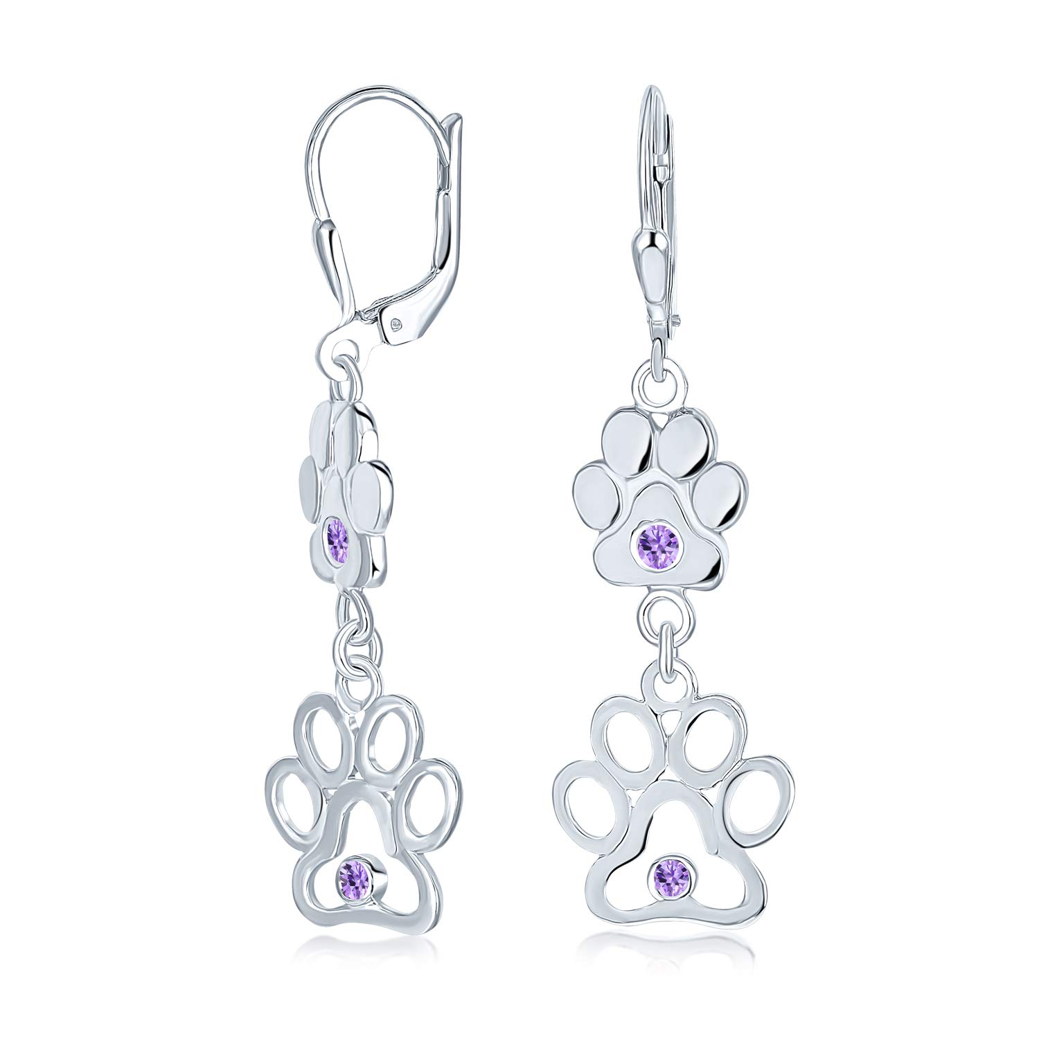 BFF Cut Out Open Animal Lover Pet Dog Cat Paw Print Dangle Earrings For Women Puppy Purple CZ Cubic Zirconia .925 Sterling Silver Lever back
