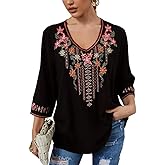 AK Women's Boho Embroidered Tops 3/4 Sleeve Mexican Peasant Shirts Bohemian Loose Tunic Blouses