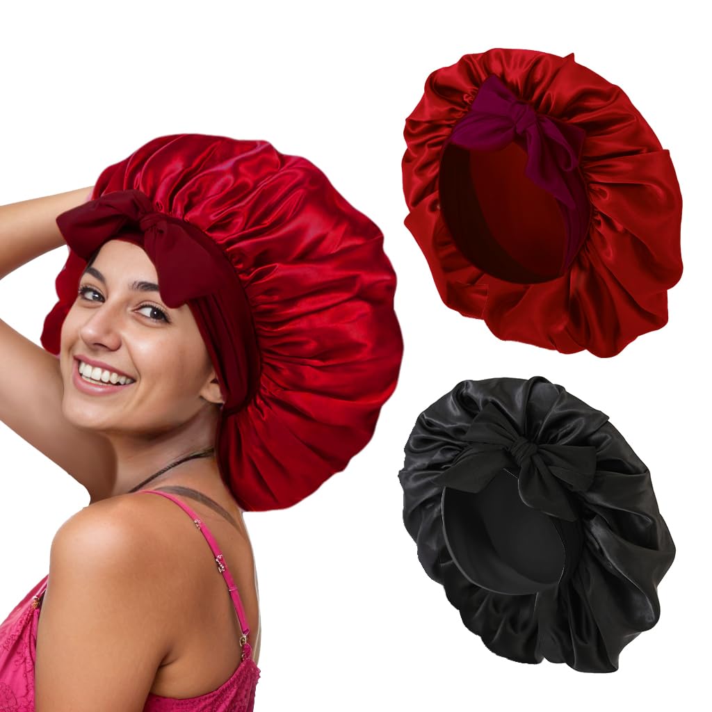 Satin Hair Bonnet for Women Sleeping - 2PCS Silk Bonnet for Sleeping Curly Hair, Soft Breathable Satin Bonnet Sleep Cap with Tie Band Hair Wrap Cap for Sleeping