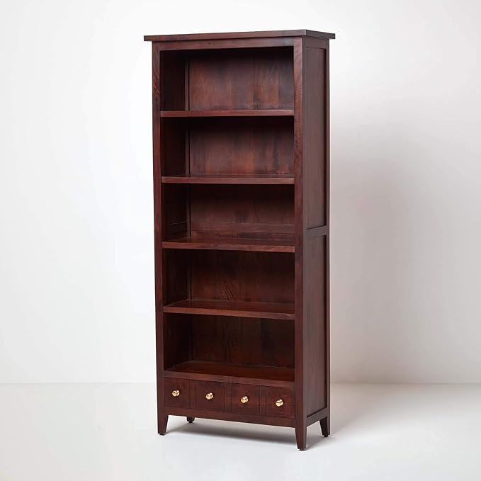 HOMESCAPES Dark Wood Tall Bookcase 185cm Tall Traditional Style Groove