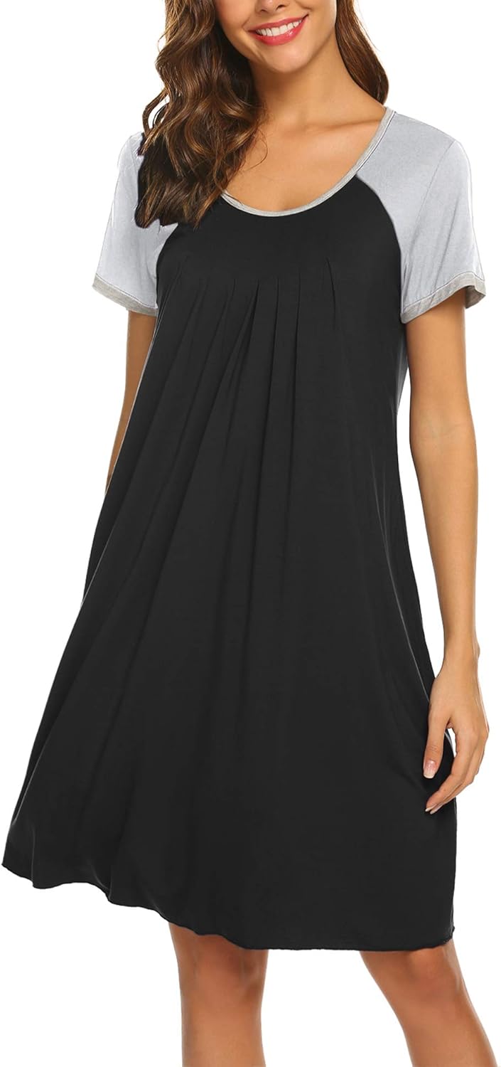 Ekouaer Women's Nightgown Short Sleeve Sleepwear Comfy Sleep Shirt Pleated Scoopneck Nightshirt S-XXL at  Women’s Clothing store