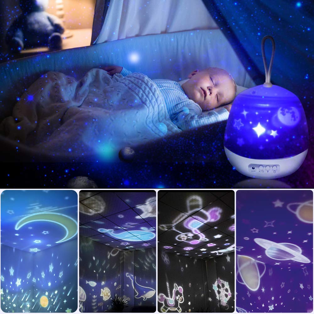[NOVITÀ 2019] Lampada Proiettore di Stelle, 4 Set Projector Films 8 modalità di illuminazione Lampada per luci notturne a LED 360° Rotating, per Cameretta per bambini Decorazione