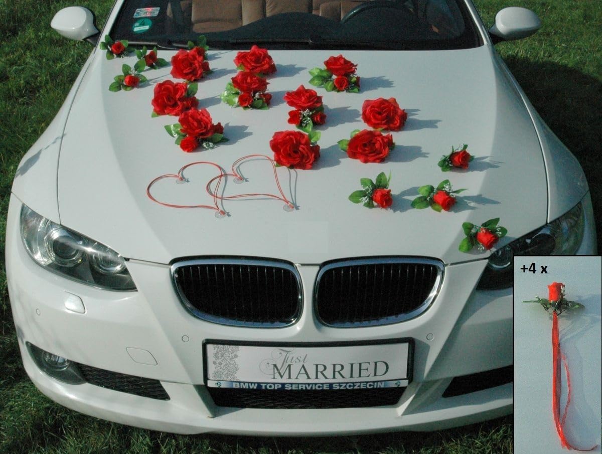 Traumschmuck Car jewellery, bridal couple rose decoration car decoration wedding car wedding decoration rattan garland car (red)