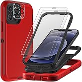 TFDSEUGH for iPhone 12 Pro Case with 2Pcs Tempered Glass Screen Protector and 1Pcs Camera Lens Protector, Military Grade 3 in 1 Heavy Duty Shockproof/Drop Proof/Dust Proof Case (Red/Black)