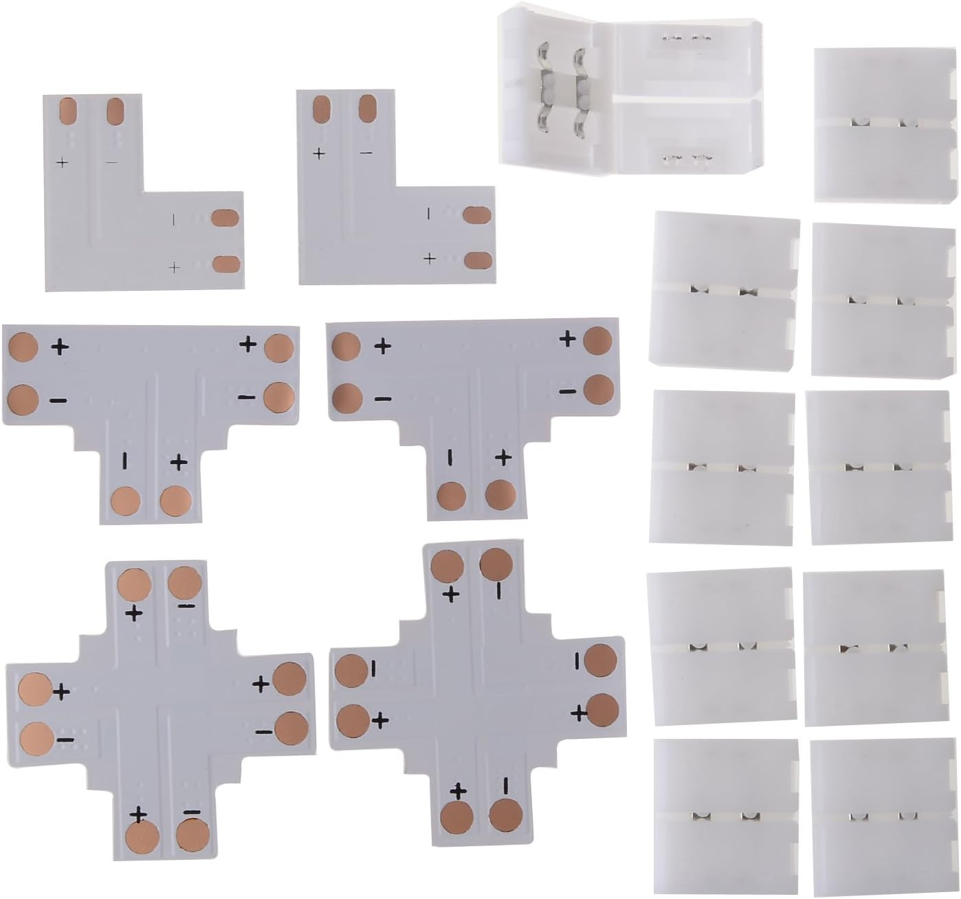 Kit 5050 5630 LED Flexible Light Strip to Strip Clip on Corner Connector ( L T + Shape ) 2 Pins 10mm Wide Strip to Strip Jumper Wire Solderless