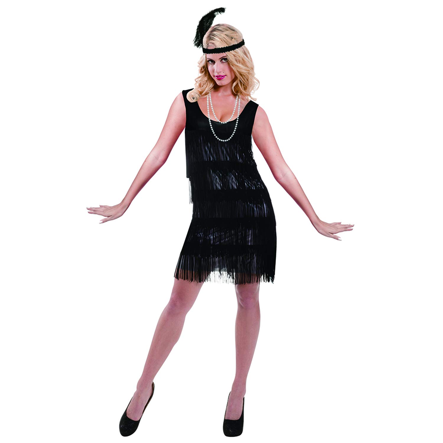Photo 1 of Leadtex Women's 1920s Fringed Flapper Costume,Gangster Lady Costume,Great Gatsby Dresses with Feather Headband,Beaded Necklace Black 4-6