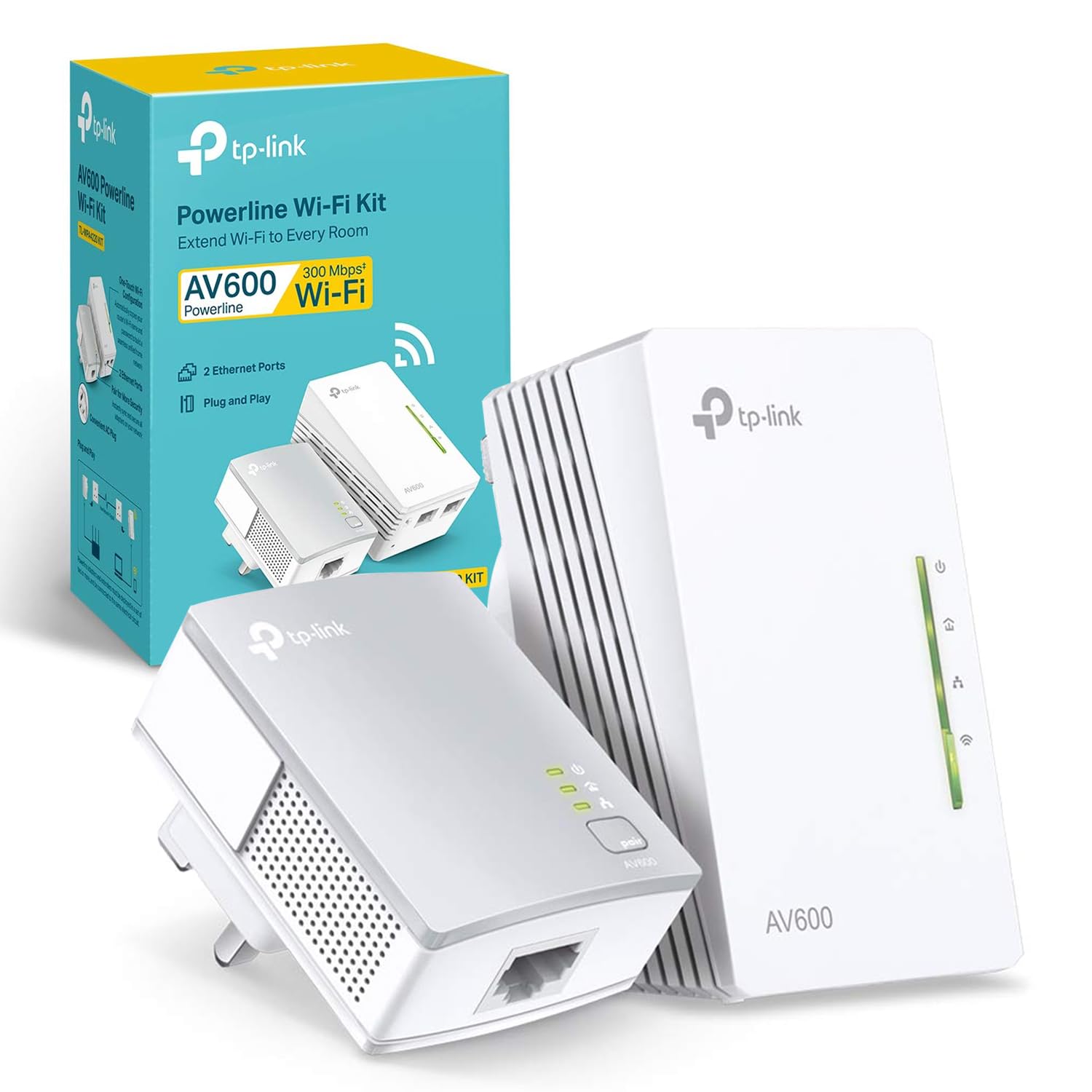 TP-Link TL-WPA4220 KIT AV600 Powerline Adapter WiFi Extender Kit, Wi-Fi Booster/Hotspot, Speed up to 300Mbps, 2+1 Ethernet Ports, Powerline WiFi Extender, Wi-Fi Auto-Sync, UK Plug, Plug & Play