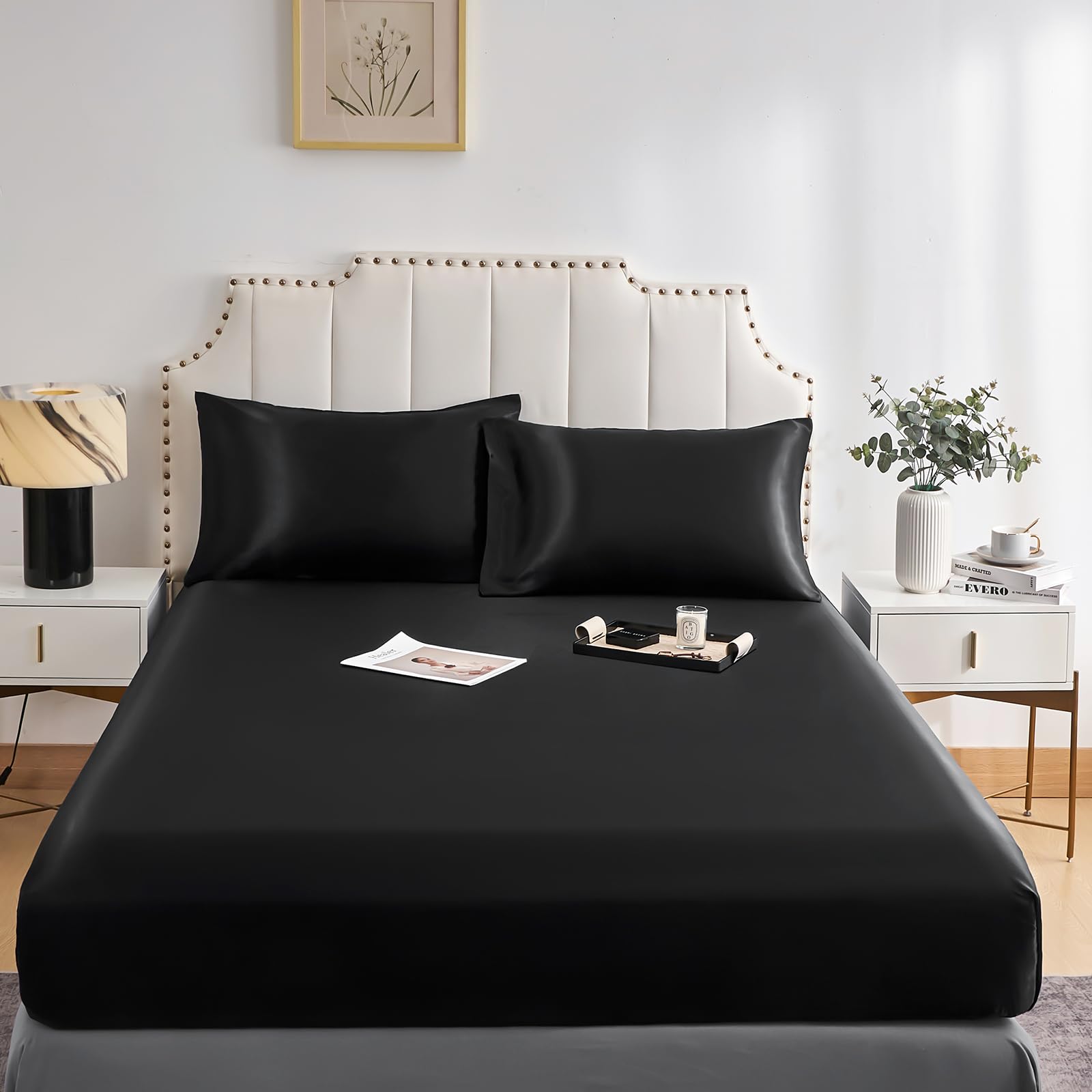 DuShow Satin Fitted Sheet Small Double 4ft,Deep Pocket Small Double Silky Bed Sheet,Soft Bottom Sheet Black 122x190cm