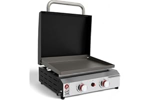 GAS ONE GasOne Flat Top Gas Grill with Lid – Auto Ignition Propane – Premium Stainless Steel Body Tabletop with Pre Season Griddle – Oil Drip Tray – for RV, Camping
