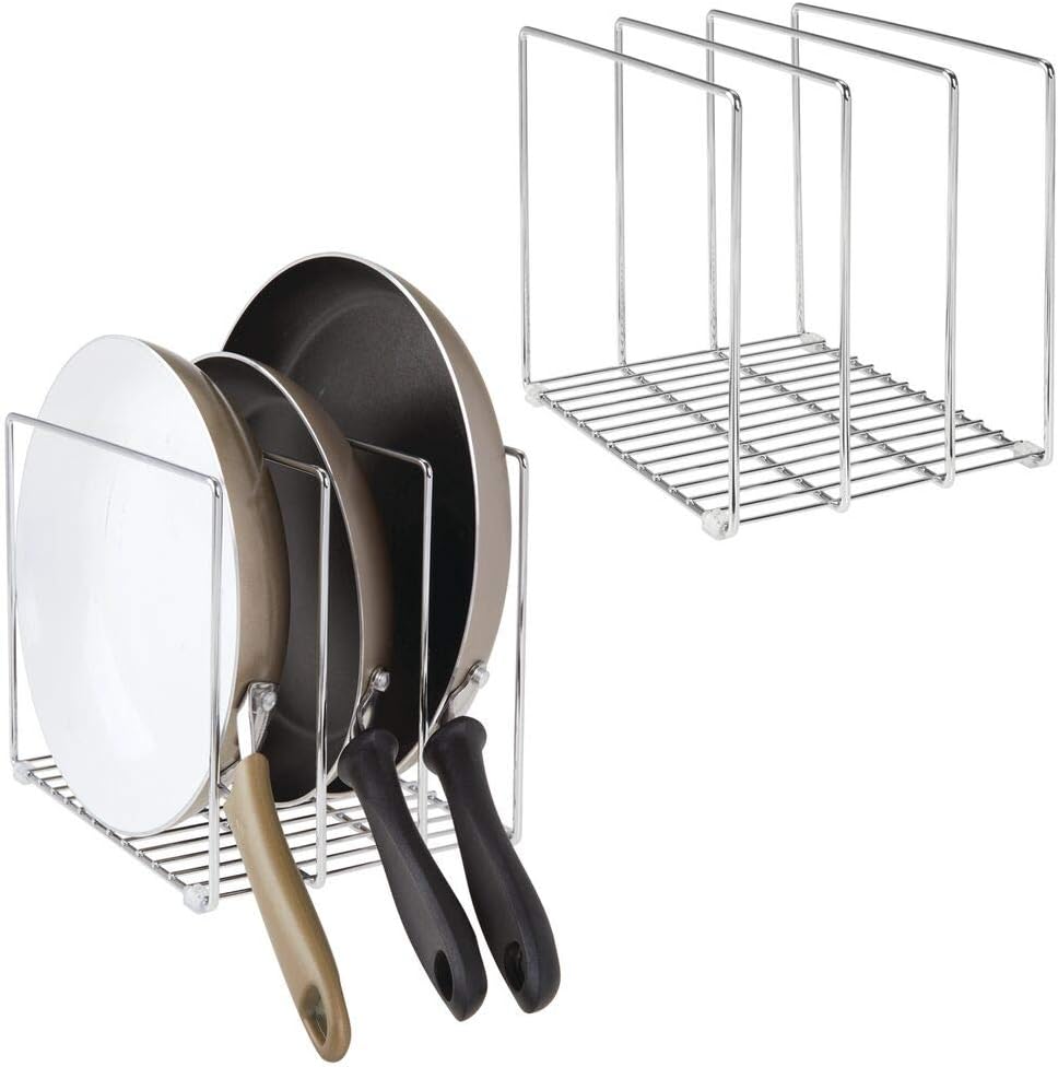 mDesign Metal Wire Organizer Rack for Kitchen Cabinet, Pantry, Shelves - Organizer Holder, 3 Slots for Skillets, Frying Pans, Lids, Cutting Boards, Vertical or Horizontal Placement, 2 Pack - Chrome: Kitchen & Dining