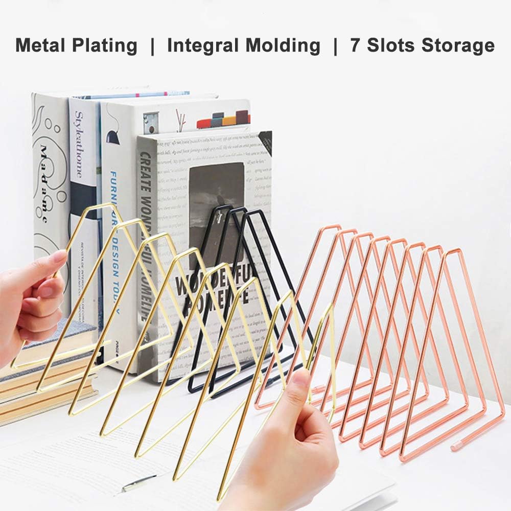 Adjustable 7-Slots Desktop Magazine File Holder, Triangle Metal Wire Record/Book Organizer Rack, File Folder Organizer Sorter, Vinyl/Magazine Storage, Display Rack for Decoration/Office (Black) : Office Products