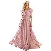 Ever-Pretty Women's Spring Summer Bridesmaid Dress Flowy Chiffon A Line Short Sleeve Back Cutout Formal Dresses 01819