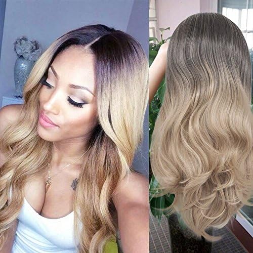 TINY LANA Wigs Ombre Color Black To Ash Blonde Long Curly Wave Middle Parting Synthetic Wigs for Women Daily use