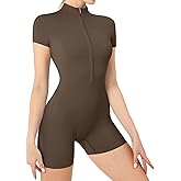 RefindWin Women Workout Jumpsuit Short Sleeve Zip Up Romper Bottom Shorts Tummy Control One Piece Bodysuit
