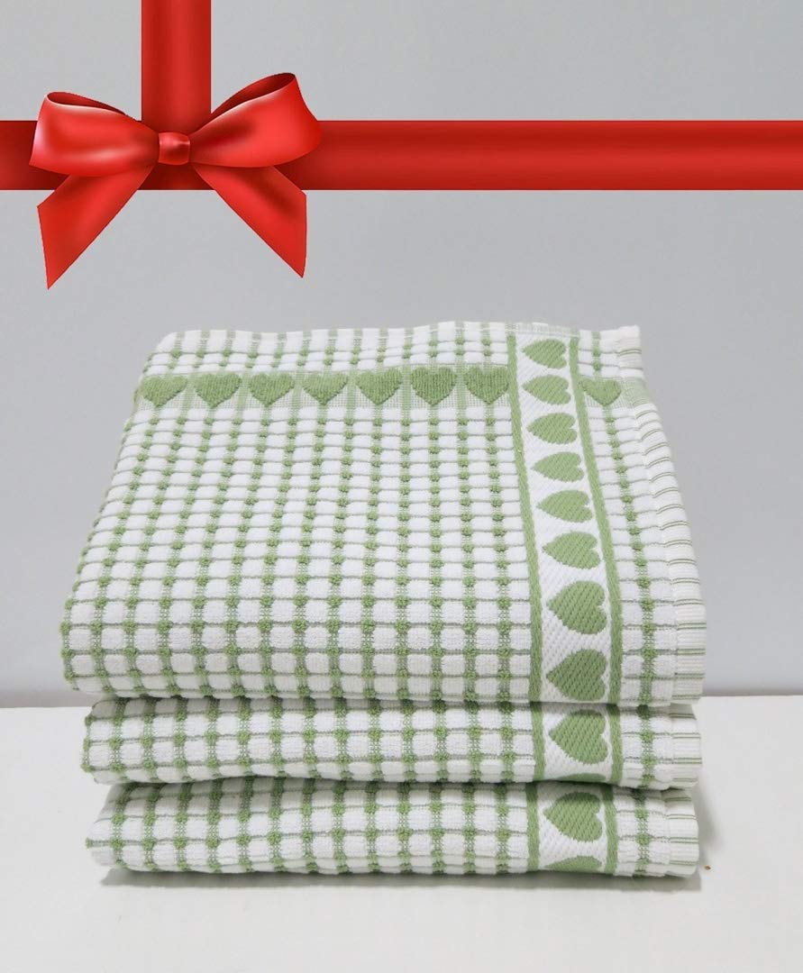 Roseberry Linen Kitchen Towels, Love Gift, Highly Absorbent, Low Lint, 100% Cotton Dish Towels, Check Print. Tea Towels, 19 X 31. Bleachable Towels From, (Green, 3 Pieces)