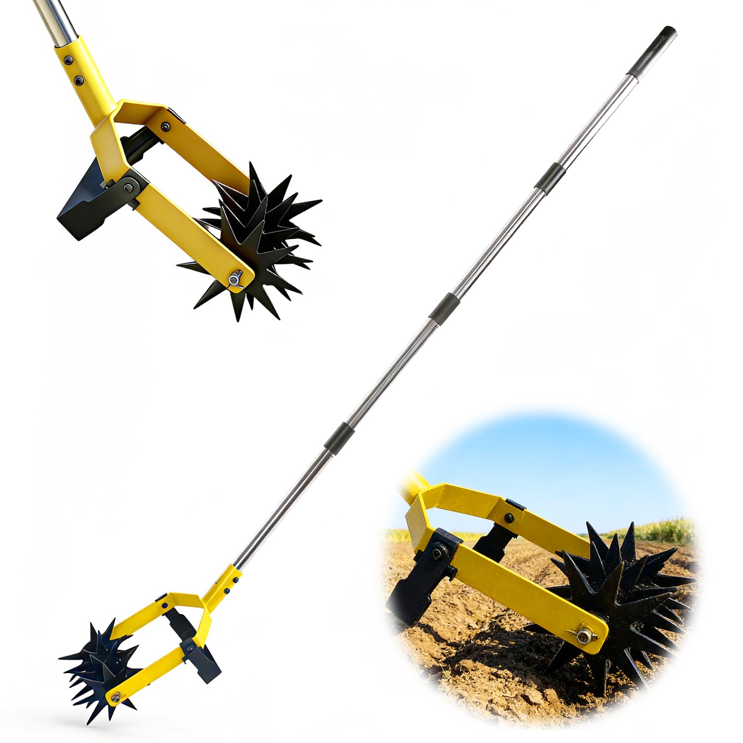 Photo 1 of 2-in-1 Garden Rotary Cultivator Tool Adjustable Handle Lawn Tools Hand Rotary Tiller for Loosening Soil and Lawn Care, Reseeding Grass, Weeder, Soil Mixing, Manual Yard Tiller