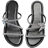 OYOANGLE Women's Butterfly Rhinestone Shiny Slide Sandals Strappy Slip on Flat Sandals Dressy Casual Sliders