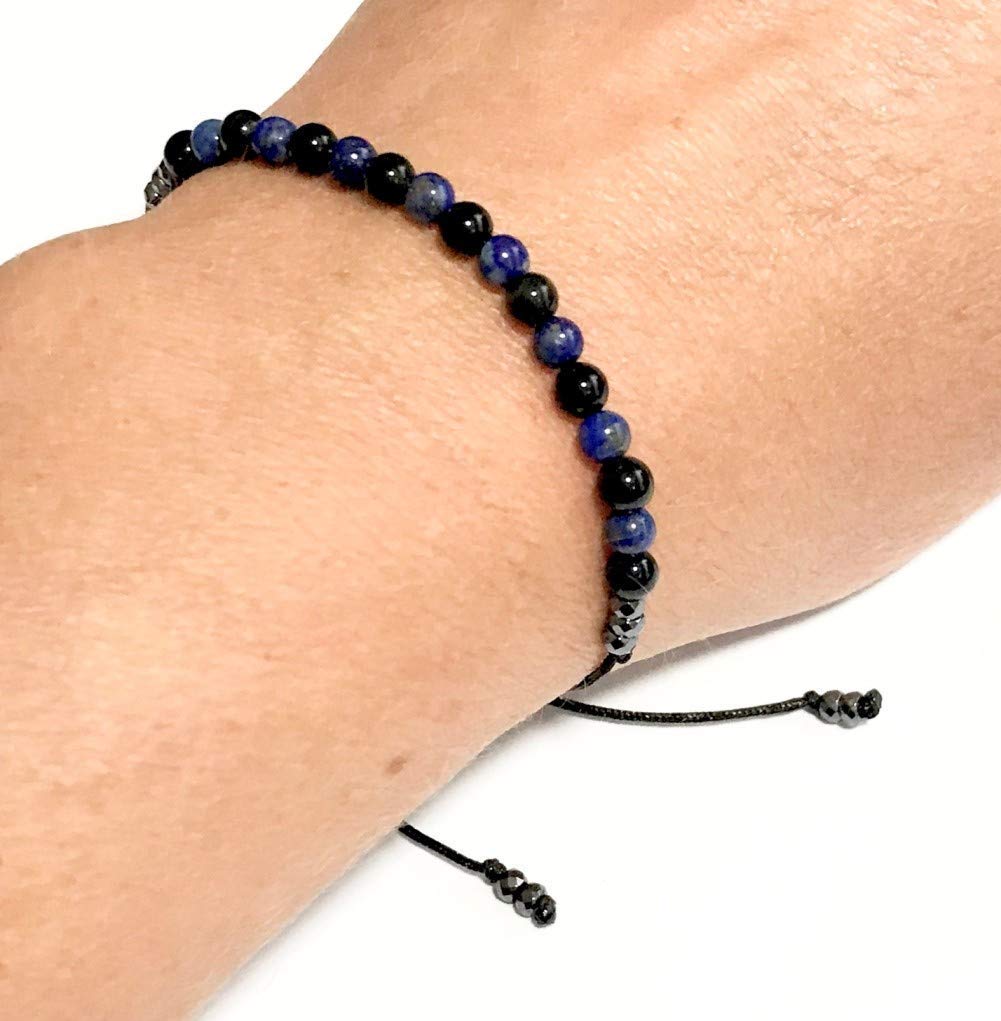 HandmadeKARMA GEMS Protection & Negativity Shield Odsidian & Lapis Lazuli Yoga Balance Reki Bracelet - Adjustable