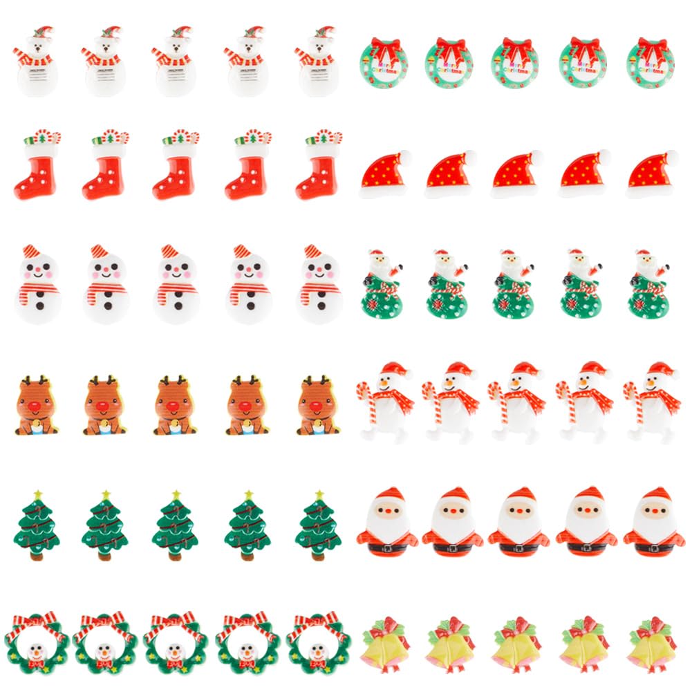 GORGECRAFT 60Pcs Mini Resin Christmas Ornaments 12 Styles Flatback Beads Mini Xmas Embellishments Santa Snowman Tree Bell Sock Bear Reindeer Decor for Scrapbooking Diy Crafts Jewelry Cell Phone Case
